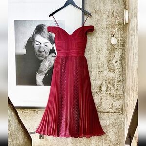 Self-Portrait Red Off-Shoulder Pleated Midi Dress